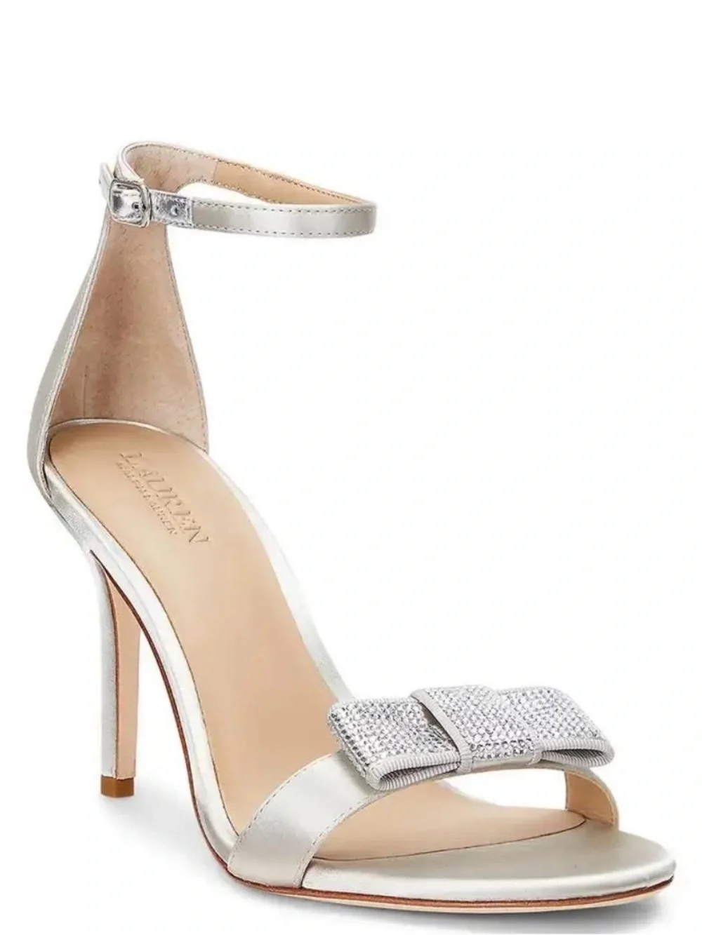 Ralph Lauren Allie Bow Satin Ankle-Strap High Heel Sandals Crystals Bow 8 NEW